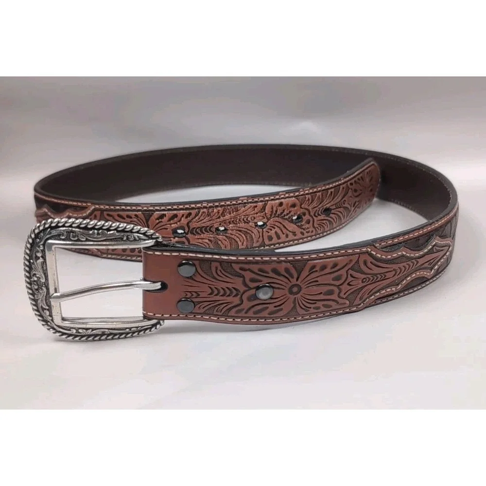 ARIAT Buckle Belt Handcrafted Tooled Leather 34 Cowhide Stitched Cowboy Vintage